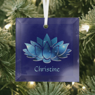 Cosmic Blue Galaxy Lotus Blume mit Name Ornament Aus Glas