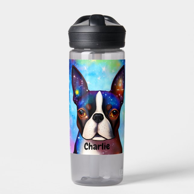Cosmic Boston Terrier Monogram Trinkflasche (Vorderseite)