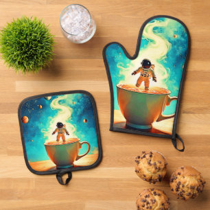 Cosmic Brew: Astronauts Kaffee-Traum Ofenhandschuh & Topflappen-Set