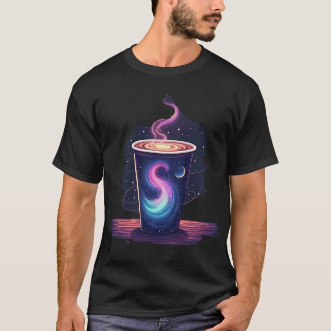 Cosmic Caffeine | Galactic Nebula Swirl Coffee Cup T-Shirt (Vorderseite)