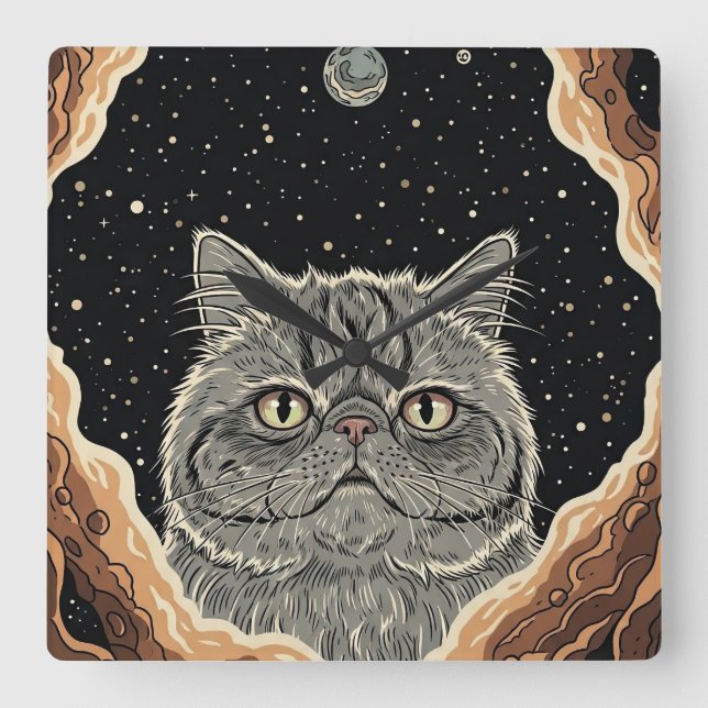 Cosmic Cat Quadratische Wanduhr (Vorderseite)