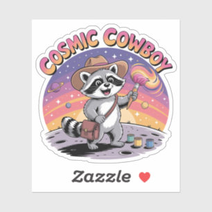 Cosmic Cowboy Raccoon Gemälde eines Sonnenuntergan Aufkleber