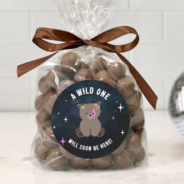 Cosmic Cub Sleepy Wild One Pink Girl Baby Dusche Runder Aufkleber (Von Creator hochgeladen)