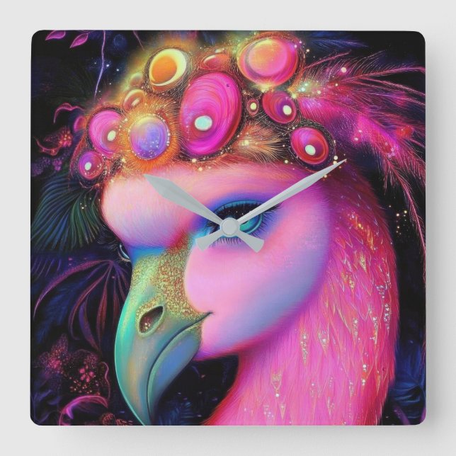 Cosmic Flamingo Queen Quadratische Wanduhr (Vorderseite)