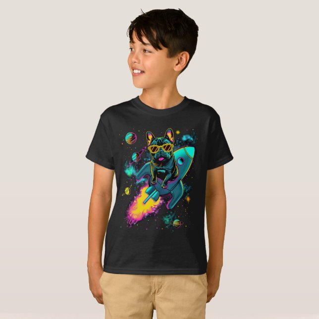 Cosmic Frenchie Rocket Ride | Neon Kids T-Shirt (Vorne ganz)