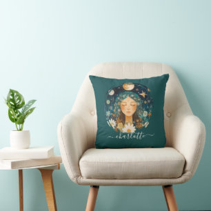 Cosmic Girl Boho Mond & Gänseblümchen Illustration Kissen
