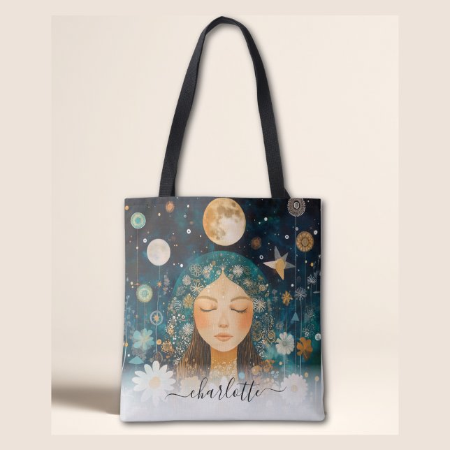 Cosmic Girl Boho Moon & Daisy Illustration Custom (Cosmic Girl Boho Moon & Daisy Illustration Custom Tote Bag)