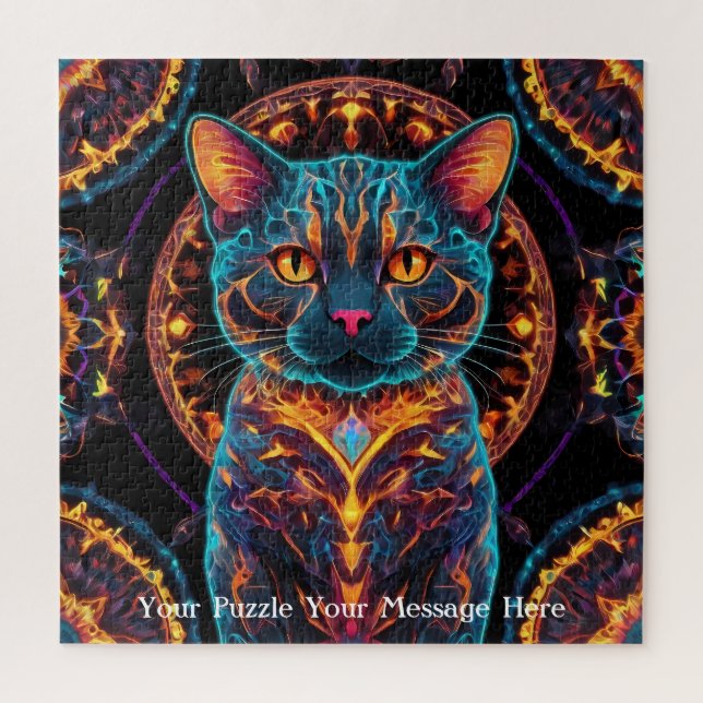 Cosmic Guardian Cat - Neon Galaxy Mandala Puzzle (Vertikal)