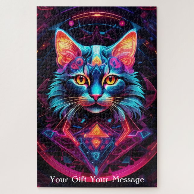 Cosmic Guardian Cat - Neon Galaxy Mandala Puzzle (Vertikal)