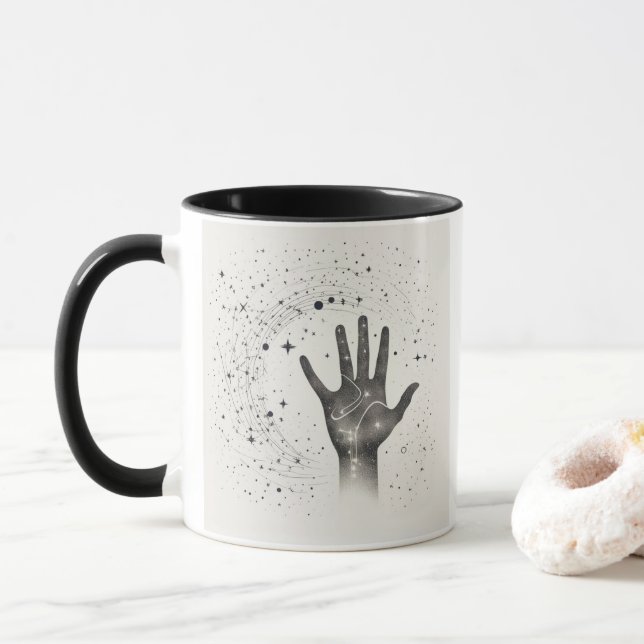 Cosmic Hand in Starry Galaxy – Surreal Spiritual S Tasse (Mit Donut)