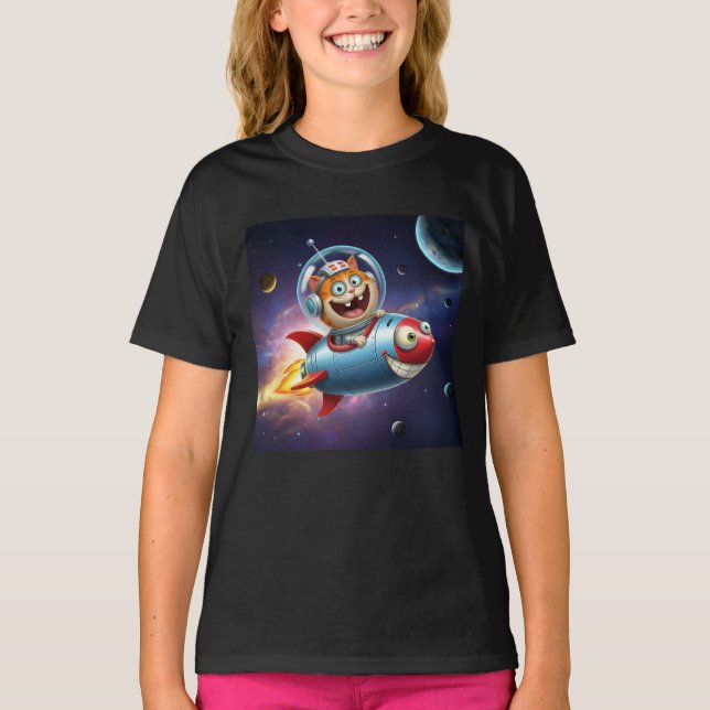 Cosmic Kitty Rocket Ride Funny Space Cat Adventure T-Shirt (Vorderseite)