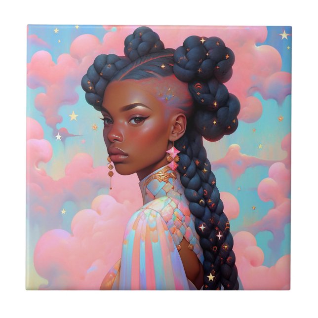 Cosmic Lady African American Fantasy Art Fliese (Vorderseite)