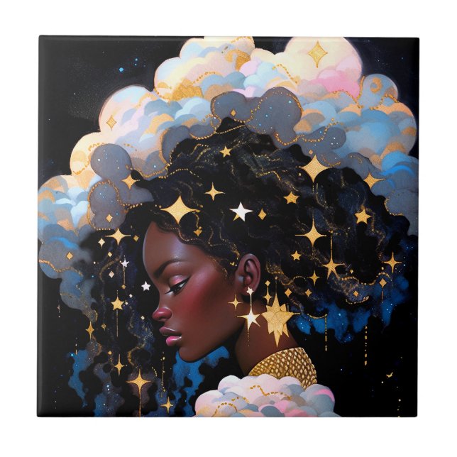 Cosmic Lady African American Fantasy Art Fliese (Vorderseite)