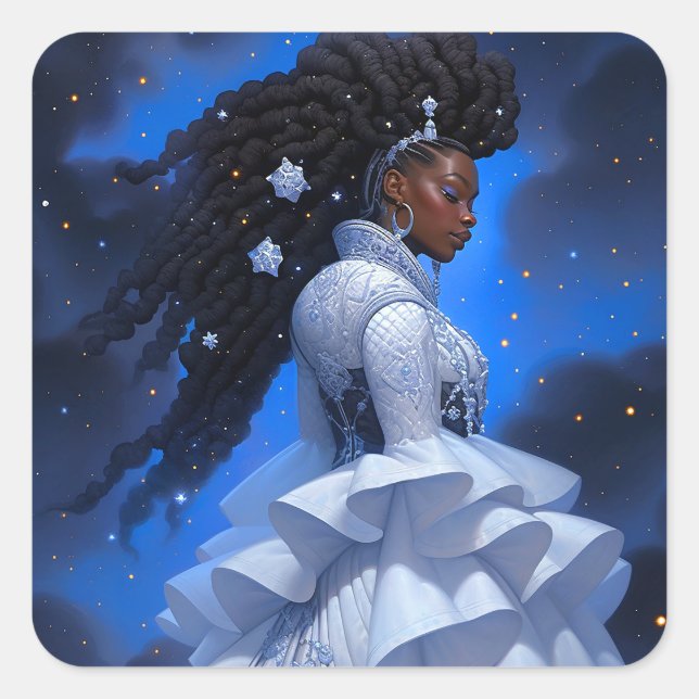 Cosmic Lady African American Fantasy Art Quadratischer Aufkleber (Vorderseite)