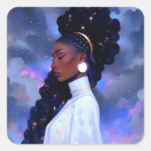 Cosmic Lady African American Fantasy Art Quadratischer Aufkleber