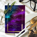 Cosmic Lila Aquamarin Gold Sun Moon Stars Hochzeit Menükarte<br><div class="desc">Cosmic Lila Aquamarine Gold Sun Moon Stars Space Wedding Menu Cards zeichnen sich durch eine goldene Sonne, Mond und Sternen-Rahmen auf einem farbenprächtigen mystischen lila, aquamarinen und blauen kosmischen Hintergrund aus. In der Mitte finden Sie Menüdetails in der modernen Goldkalligraphie. Personalisieren Sie den Text durch Bearbeiten in den bereitgestellten Textfeldern....</div>