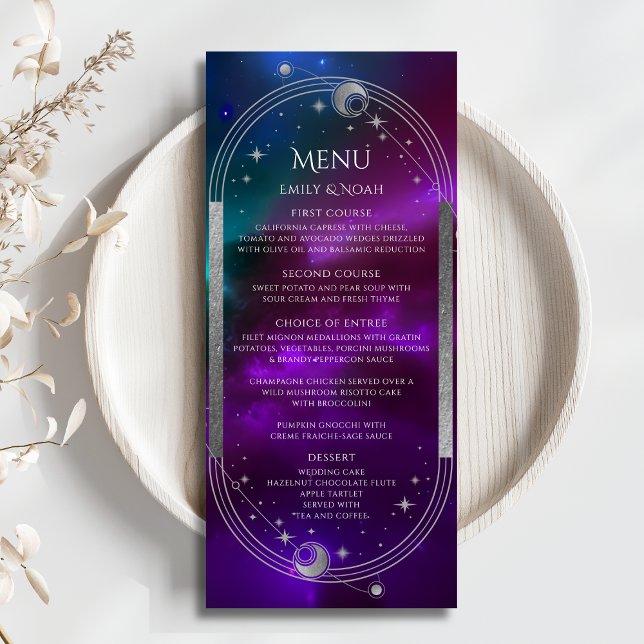 Cosmic Lila Aquamarine Sun Moon Wedding Menu Cards Menükarte (Von Creator hochgeladen)