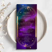 Cosmic Lila Aquamarine Sun Moon Wedding Menu Cards