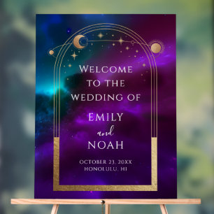 Cosmic Lila Gold Sun Moon Stars Begrüßungszeichen Acrylschild