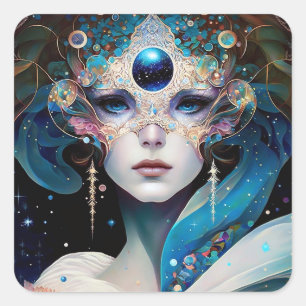 Cosmic Masked Goddess Queen Fantasy Art Quadratischer Aufkleber