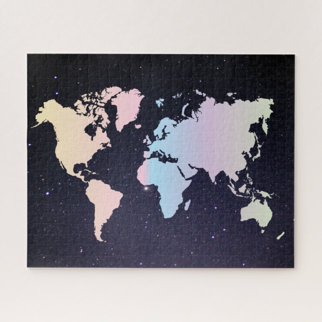 Cosmic Night Galaxy & Holographic Pastel Weltkarte Puzzle (Horizontal)