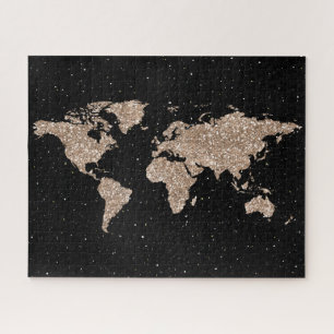 Cosmic Night Galaxy & Rose Gold Glitzer Weltkarte Puzzle