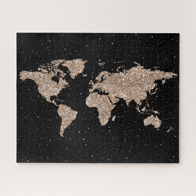 Cosmic Night Galaxy & Rose Gold Glitzer Weltkarte Puzzle (Horizontal)