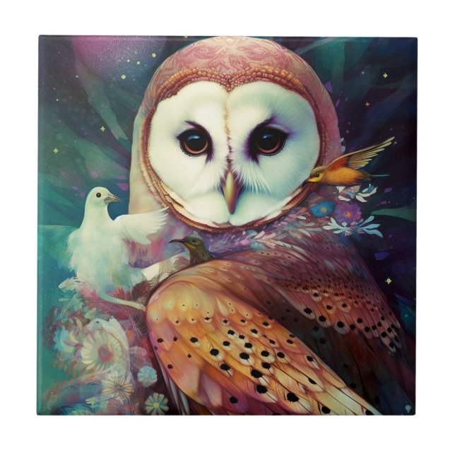 Cosmic Owl Fantasy Art Fliese (Vorderseite)