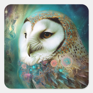 Cosmic Owl Fantasy Art Quadratischer Aufkleber