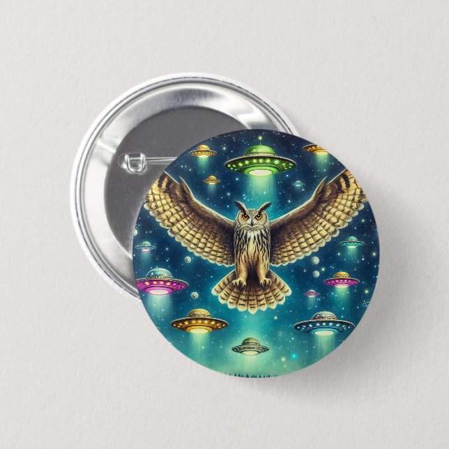 Cosmic Owl Nightscape - Ufos im Himmel Button (Vorne & Hinten)