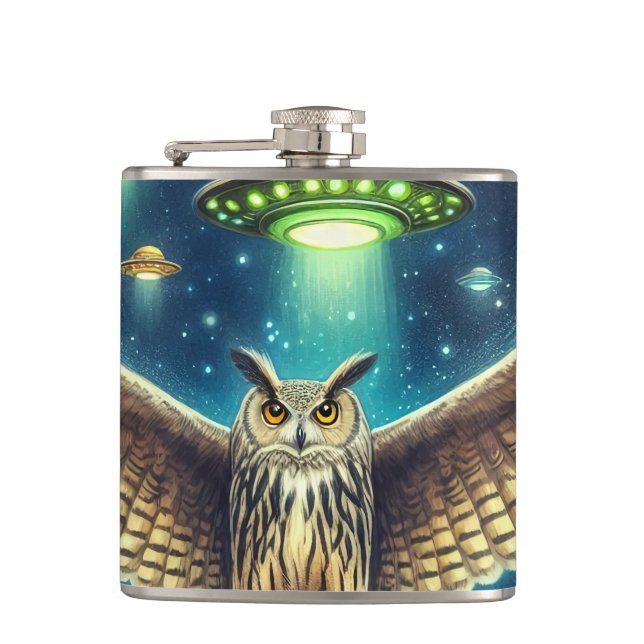 Cosmic Owl Nightscape - Ufos im Himmel Flachmann (Vorderseite)