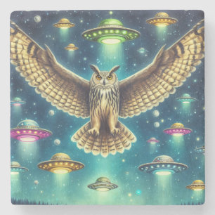 Cosmic Owl Nightscape - Ufos im Himmel Steinuntersetzer