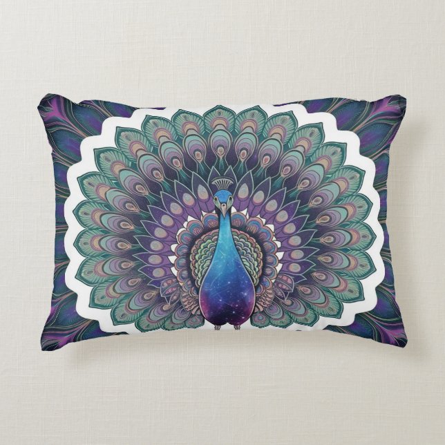 Cosmic Peacock Mandala Throw Pillow Dekokissen (Vorderseite)