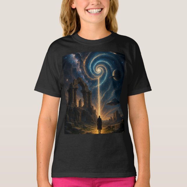 "Cosmic Portal Adventure - Girls' Black Graphic T-Shirt (Vorderseite)