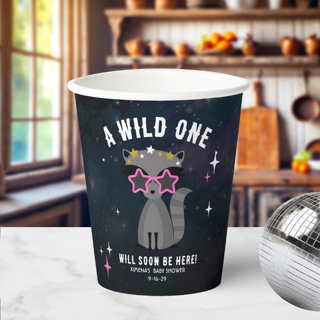 Cosmic Raccoon Wild One Pink Girl Baby Dusche Pappbecher (Von Creator hochgeladen)