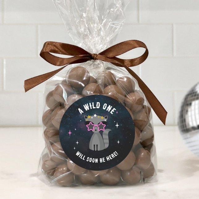 Cosmic Raccoon Wild One Pink Girl Baby Dusche Runder Aufkleber (Von Creator hochgeladen)