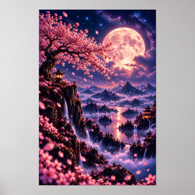 Cosmic Sakura: Violet Nebula Celestial Fantasy Art Poster (Vorne)