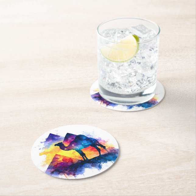 Cosmic Starry Night Egyptian Camel Landschaft Runder Pappuntersetzer (Vor Ort)