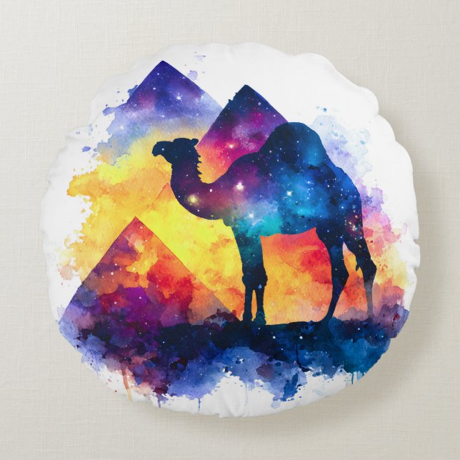 Cosmic Starry Night Egyptian Camel Landschaft Rundes Kissen (Vorderseite)