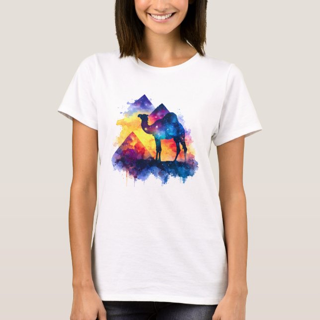 Cosmic Starry Night Egyptian Camel Landschaft T-Shirt (Vorderseite)