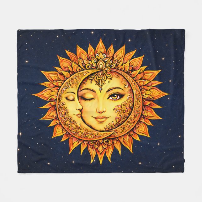Cosmic Sun Moon Boho Goddess Celestial Mandala Art Fleecedecke (Vorderseite (Horizontal))