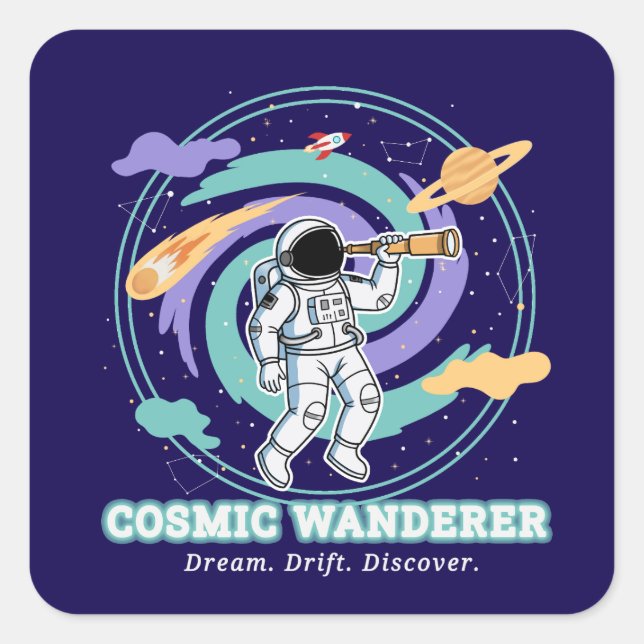 Cosmic Wanderer Astronaut Telescop Quadratischer Aufkleber (Vorderseite)