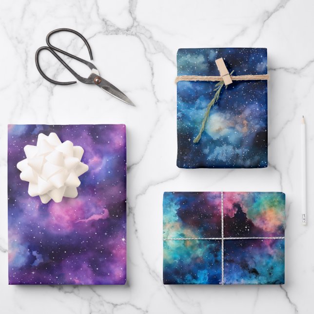 Cosmic Watercolor Blue Purple Galaxy Nebula Geschenkpapier Set (Vorderseite)