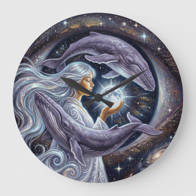 Cosmic Whale and the Girl | Surreal Wall Clock Große Wanduhr (Vorderseite)
