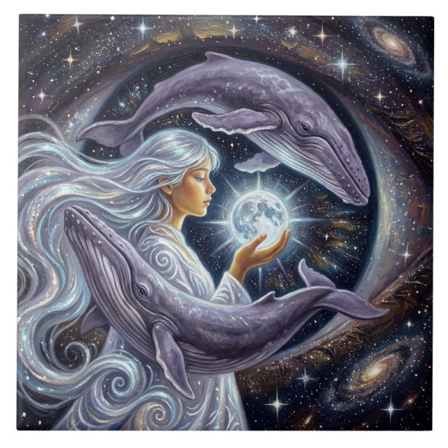 Cosmic Whale & Girl Photo Tile Fliese (Vorderseite)