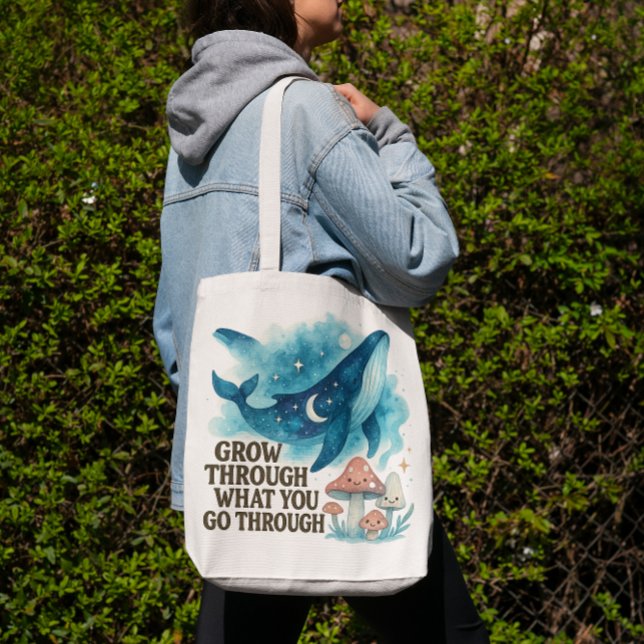 Cosmic Whale & Mushrooms Tote (“Grow through what you go through — carry your resilience with style.”)