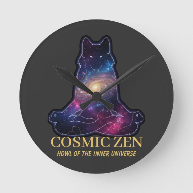 Cosmic Zen Wolf – Meditating Galaxy (NO NUMBERS) Runde Wanduhr (Vorderseite)
