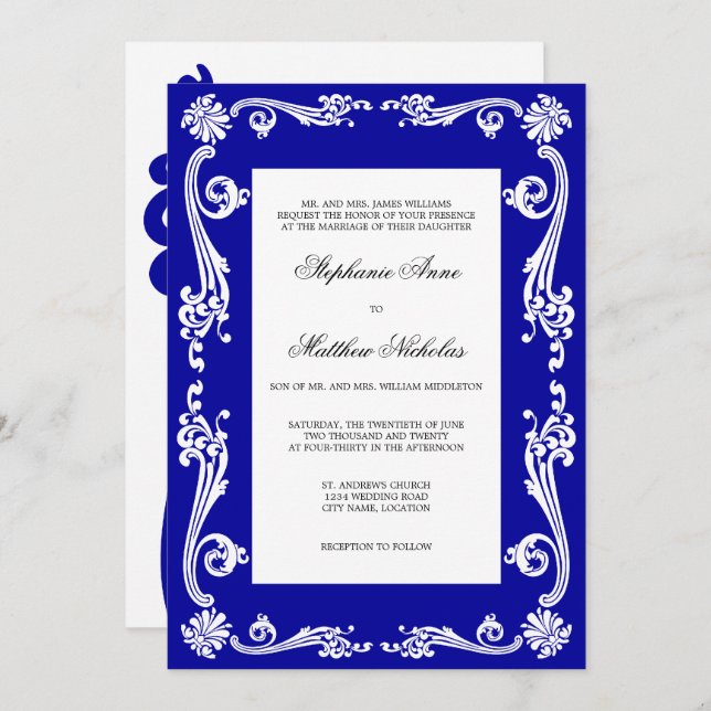 Cosmopolitan Royal Blue Blühe Wirbel Hochzeit Einladung (Vorne/Hinten)