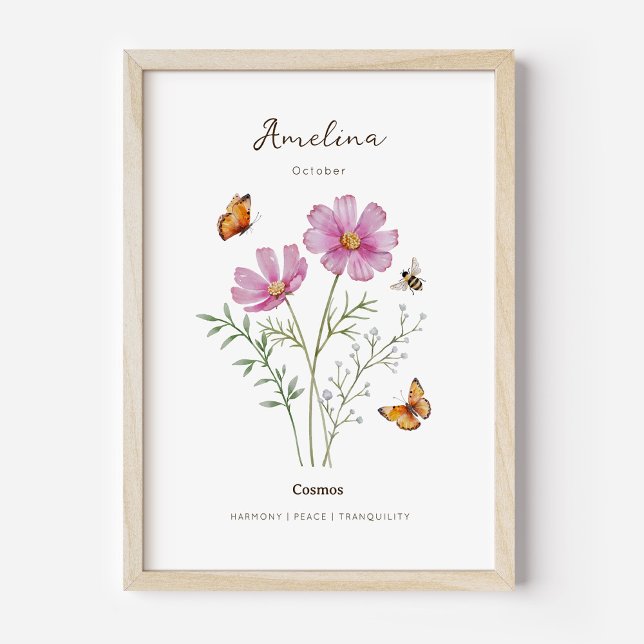Cosmos-Geburtsmonats-Blumenposter Poster (Example of cosmos birth flower poster once framed. )