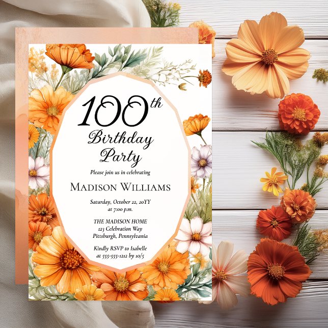 Cosmos | Marigolds Floral 100th Birthday Party Einladung (Beautiful Boho Cosmos and Marigolds Floral 100th Birthday Party Invitation Print | Digital Download)